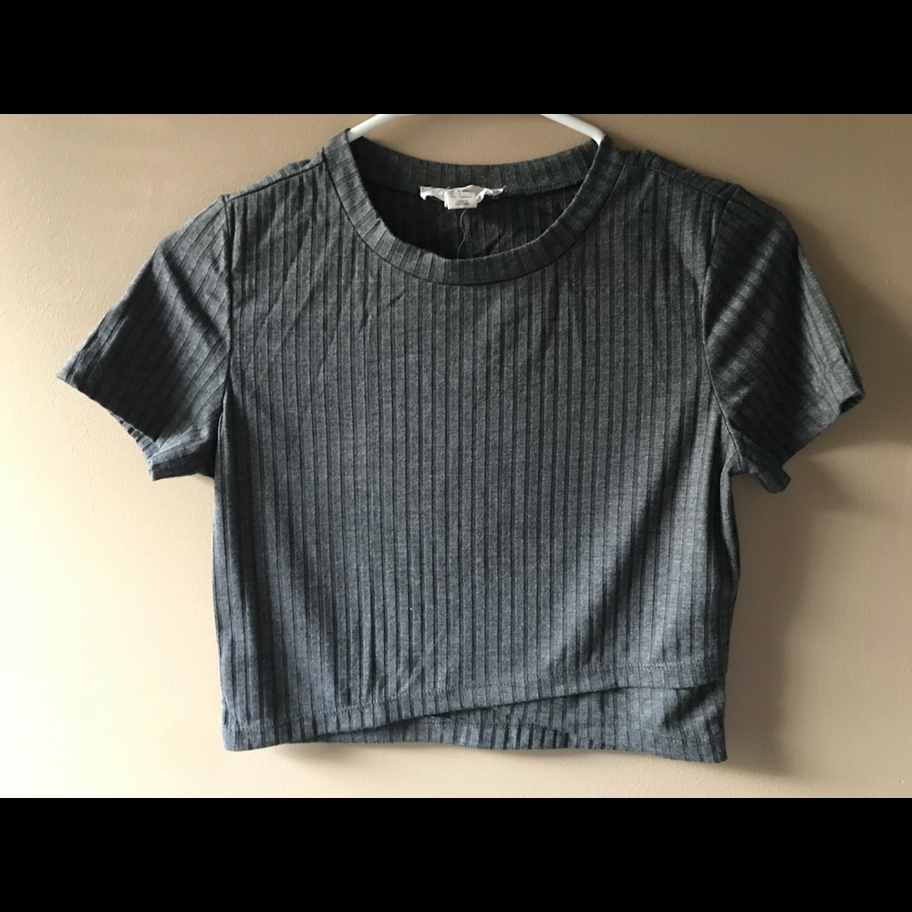Grey crop top with design at bottom